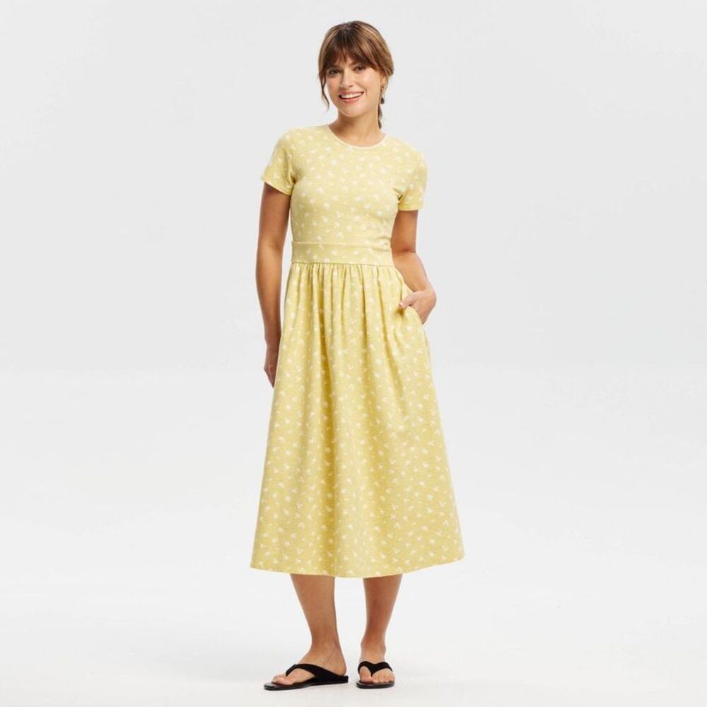 Women's Short Sleeve Lace Trim Knit Dress - Universal Thread Yellow Floral XS